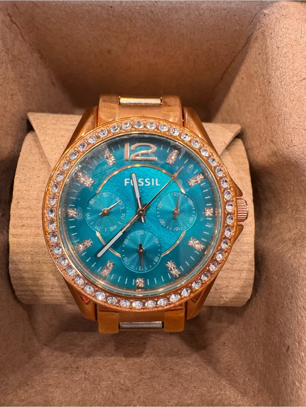 Fossil Rose Gold Tone Watch with Teal Dial and Crystal Bezel